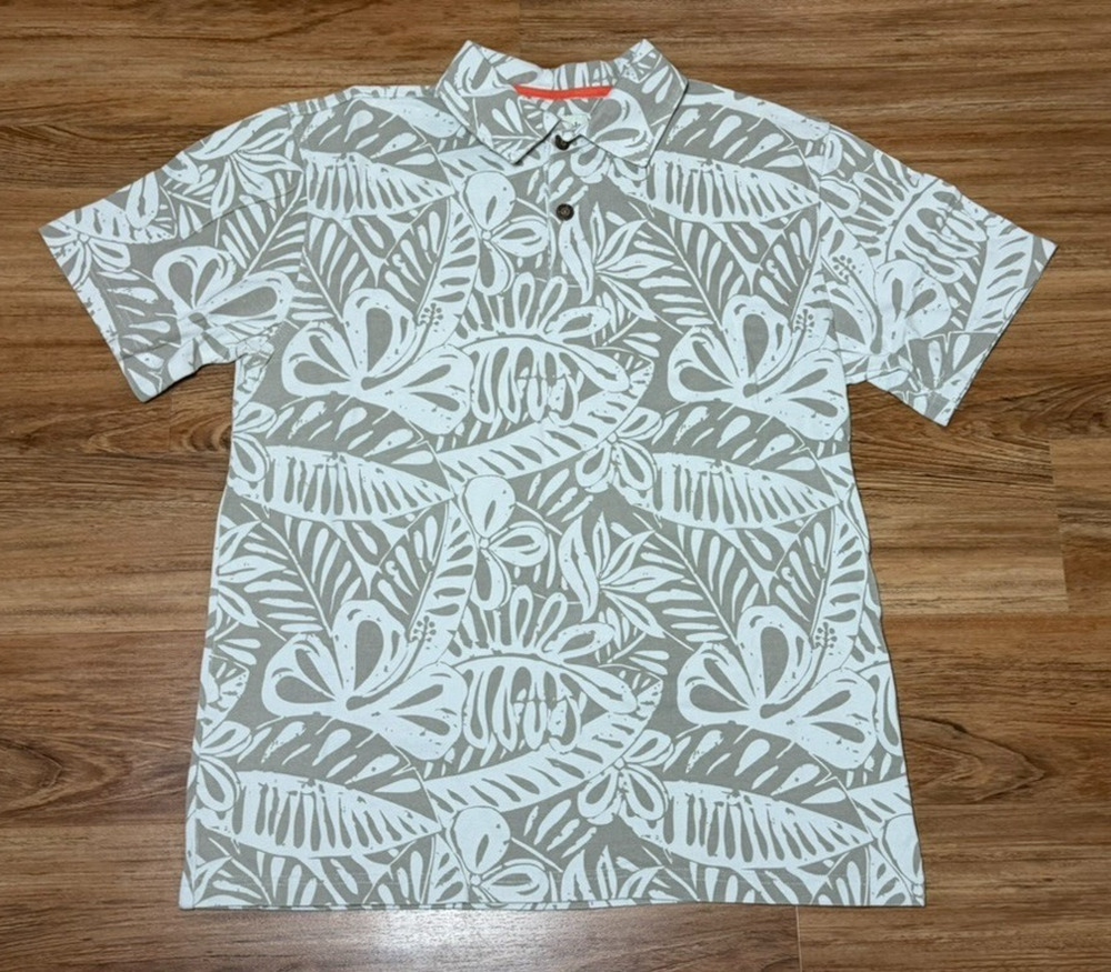 Crazy Shirts Men’s Tropical Hawaiian Floral Polo Beige White Short Sleeve SIze M